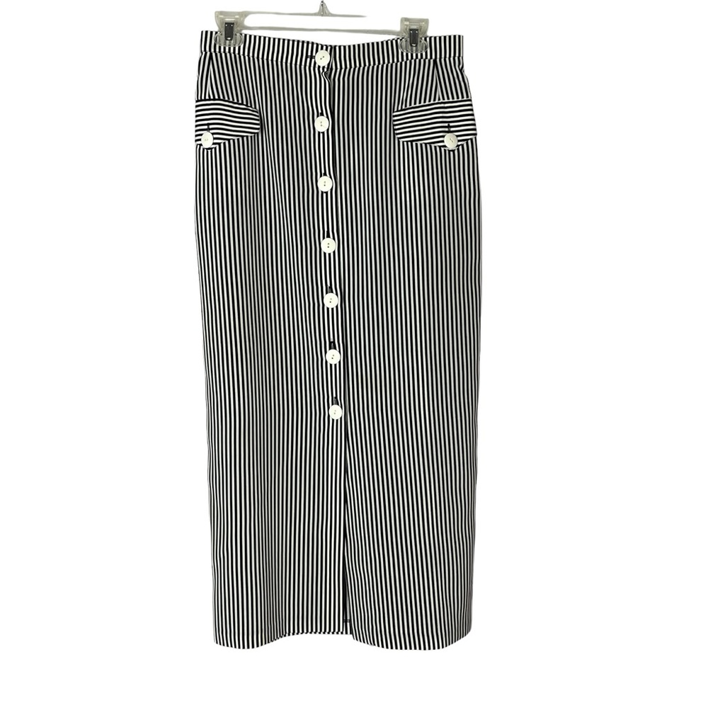 Made France Vtg Maxi Skirt Black White Striped Pockets Slits Liliane Burty Paris